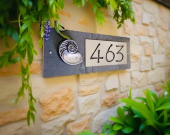 NAUTILUS SHELL Address Plaque,  Coastal House Numbers, Copper, Bronze or Platinum, House Sign