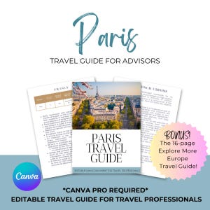 Guia de viagem editável de Paris | Modelos personalizáveis para a capital da França | Guia de viagem Canva para agentes