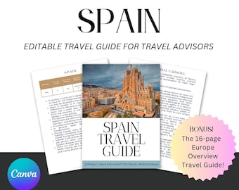Guía de viaje de España editable: Plantillas de Canva para agentes de viajes. Lo que debes saber antes de viajar.