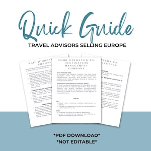 Op de afbeelding: Een snelle gids voor reisadviseurs die Europese reispakketten verkopen. De gids vergelijkt touroperators en bestemmingsmanagementbedrijven en legt de verschillen uit tussen spanningsomvormers en adapters.