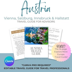 Guia de viagem editável da ÁUSTRIA | Modelos personalizáveis para Viena, Hallstatt, Salzburgo, Linz e mais | Guia de viagem Canva para agentes