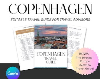 Guía de viaje de Copenhague editable: Plantilla de Canva para agentes de viajes. Información importante antes de viajar.