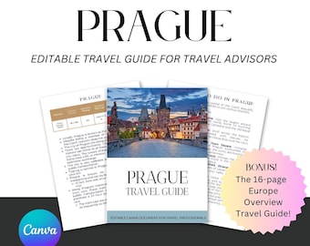 Guía de viaje de Praga editable: Plantilla de Canva personalizable para agentes de viajes. Información importante antes de viajar.