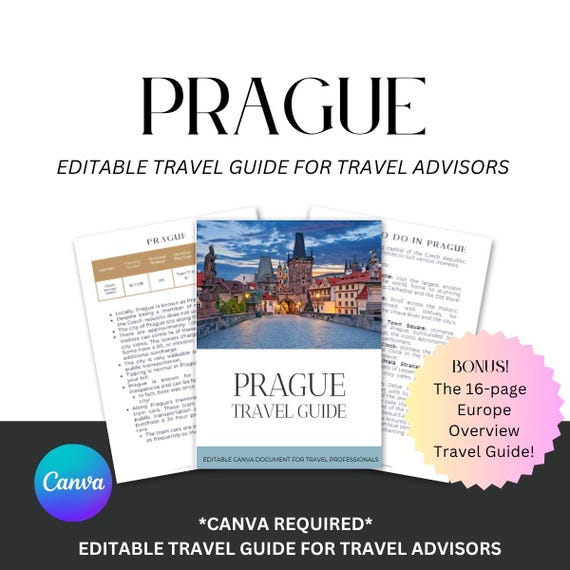 Editable Prague Travel Guide: Customizable Canva Template for Travel Agents Know Before You Go