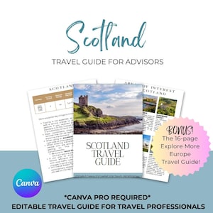 Guia de viagem editável para a Escócia | Modelos personalizáveis para Escócia, Edimburgo, Glasgow, Inverness e muito mais | Guia de viagem Canva para agentes
