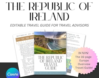Guía de viaje de la República de Irlanda: Plantillas personalizables de Canva. Guía de lo que debes saber antes de viajar.