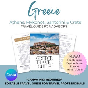 Guia de viagem editável da Grécia | Modelos personalizáveis para Atenas, Mykonos, Santorini e mais | Guia de viagem Canva para agentes