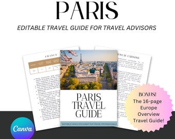 Guía de viaje de París: Plantillas personalizables de Canva. Guía de lo que debes saber antes de viajar.