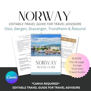 May include: A digital travel guide for Norway, featuring Oslo, Bergen, Stavanger, Trondheim, and Ålesund. The guide includes a bonus 16-page Europe overview. The design is white with black text and a photo of a harbor.