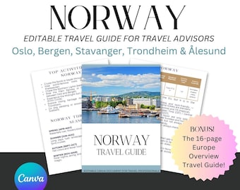 Puede incluir: Una guía de viaje digital para Noruega, con Oslo, Bergen, Stavanger, Trondheim y Ålesund. La guía incluye una vista general de Europa de 16 páginas. Diseño blanco con texto negro y foto de un puerto.