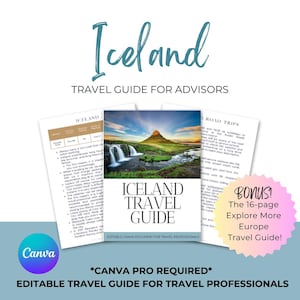 Guia de viagem editável da Islândia | Modelos personalizáveis para Reykjavik, Golden Circle, Blue Lagoon e mais | Guia de viagem Canva para agentes