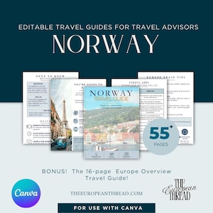 Peut inclure: Un modèle de guide de voyage numérique modifiable pour la Norvège, présentant une image de couverture de bâtiments colorés au bord de l'eau. L'ensemble comprend plusieurs pages avec des titres comme Need to Know, Europe Train Tips et Useful Apps, totalisant plus de 55 pages.
