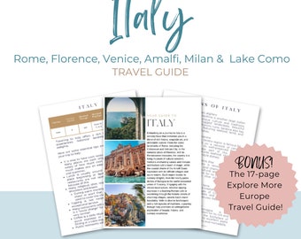 Puede incluir: Una portada de guía de viaje con un título turquesa "Italia" y un subtítulo "Roma, Florencia, Venecia, Amalfi, Milán y el lago Como GUÍA DE VIAJE". La portada presenta imágenes de la costa de Amalfi y un edificio en Florencia. La guía incluye 64 páginas de información práctica y una guía adicional de 17 páginas para explorar más de Europa.