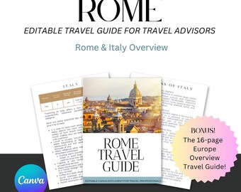 Guía de viaje de Roma: Plantillas de Canva personalizables para agentes de viajes. Lo que debes saber antes de viajar.