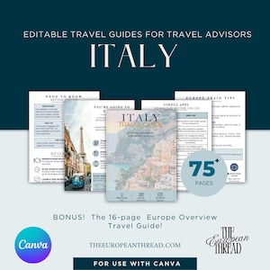 以下が含まれることがあります： イタリアに関する旅行アドバイザー向けの編集可能な旅行ガイドテンプレート。Need to Know、Europe Train Tips、Italy Travel Guideなどの見出しが付いた複数のページと、75+ pagesと書かれた円形のバッジが含まれています。