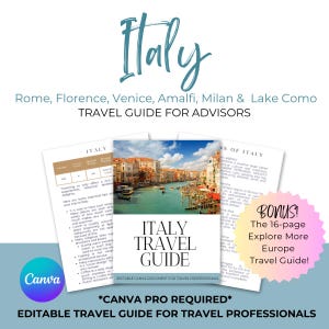 Guia de viagem editável Itália | Modelos personalizáveis para Roma, Milão, Veneza, Florença, Como e Costa Amalfitana | Guia de viagem Canva para agentes