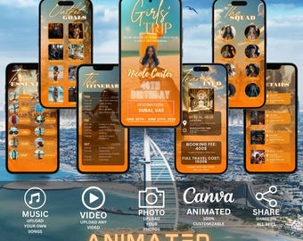 Itinerario animado para viaje de chicas: Plantilla de Canva para fin de semana de cumpleaños (digital)