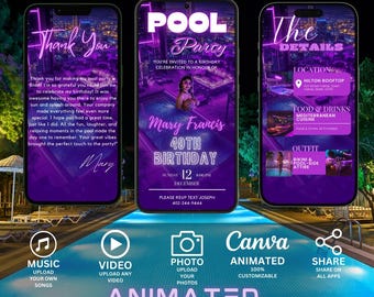 Invitación para fiesta de cumpleaños en la piscina, itinerario digital para fiesta en la piscina, plantilla para evento de barbacoa, planificador de eventos de verano, invitación animada para fiesta en la piscina o la playa.