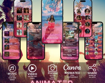 Itinerario animado para viaje de chicas: Plantilla de Canva para fin de semana de cumpleaños (digital)