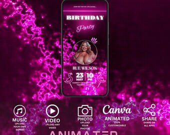 Invitación animada para fiesta de cumpleaños: Plantilla editable de Canva (digital)