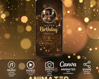 Invitación digital para fiesta de cumpleaños, itinerario de cumpleaños, invitación digital para cena de cumpleaños, plantilla editable, invitación de texto, plantilla animada