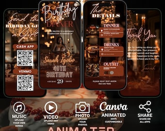 Invitación animada para cena de cumpleaños: plantilla editable de Canva
