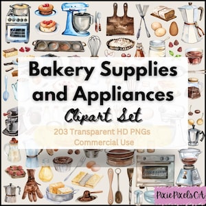 Bäckerei Lieferungen und Geräte Clipart, Aquarell Bäckerei Clipart, Backzutaten, Scrapbooking, Stand Mixer, Ofen, PNGs für kommerzielle Nutzung