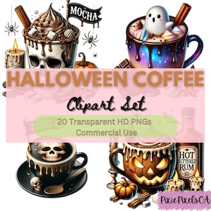 Halloween Coffee Clipart, Scary Gothic Watercolor Hot Coffee Drink PNG, 20 PNG Bundle, Pumpkin PNG, Witch, Digital Files, Commercial Use