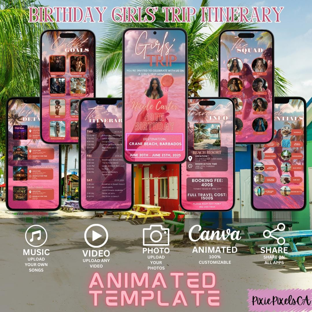 Girls Trip Animated Itinerary, Digital Template, Travel Itinerary, Birthday Weekend Editable Invitation, Party Itinerary, Digital Schedule