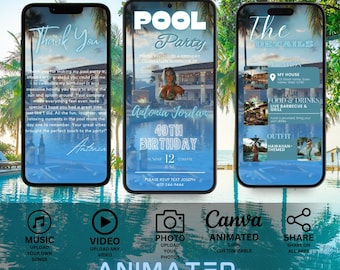 Invitación para fiesta de cumpleaños en la piscina, itinerario digital para fiesta en la piscina, plantilla para evento de barbacoa, planificador de eventos de verano, invitación animada para fiesta en la piscina o la playa.