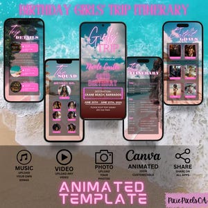 Itinerario animato per viaggio tra ragazze, modello digitale, itinerario di viaggio, invito modificabile per fine settimana di compleanno, itinerario per festa, programma digitale