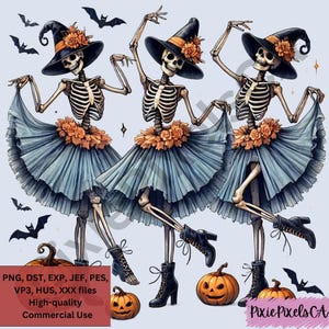Tanzende Hexen Skelette Stickdatei, Halloween Hexe Skelett Clipart, Gruselige Skelett Kunst zum Basteln, Maschinenstickerei PNG