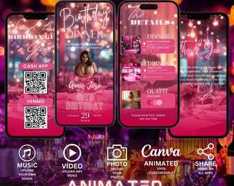 Invitación animada para cena de cumpleaños: plantilla editable de Canva (digital)