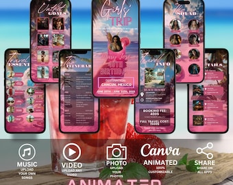 Girls Trip Animated Itinerary, Digital Template, Travel Itinerary, Birthday Weekend Editable Invitation, Party Itinerary, Digital Schedule