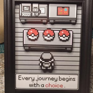 Può includere: Un quadro con pixel art 3D che raffigura un personaggio davanti a un tavolo con tre Poké Ball rosse e bianche. Sopra il tavolo c'è una console. Un riquadro di testo bianco in basso riporta la scritta: Every journey begins with a choice.