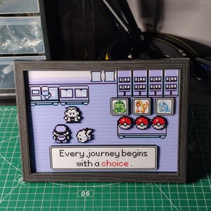 May include: Framed pixel art featuring a scene from a video game, with characters, items, and the text "Every journey begins with a choice." The frame is gray and the background is a light blue.