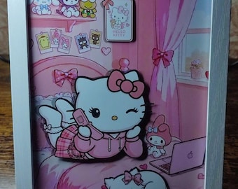 Hello Kitty 3D-Diorama: Ein entspannter Tag im Schlafzimmer – Handgemaltes Kawaii-Gemälde – 3D-Wanddeko von Sanrio – Ästhetisches Geschenk von UpLayer