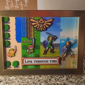 May include: A rectangular gold-toned frame containing a multi-layered shadow box display featuring various iterations of the character Link from the Legend of Zelda series. The center includes a plaque with the text Link Through Time.