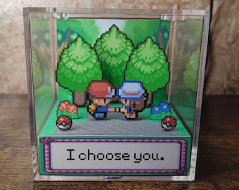 Diorama 3D de Pokémon Cube: Red y Leaf "Te elijo a ti" - Cubo de pixel art hecho a mano - Regalo para parejas, bodas y aniversarios frikis - UpLayer