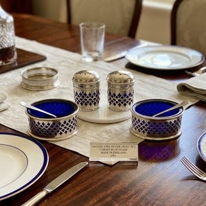 Vintage EPNS Silver Cruet Set, Cobalt Blue Glass, Made in England Condiment Set