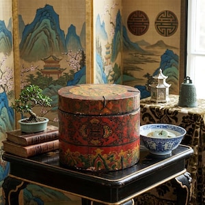 May include: A cylindrical red wooden box with intricate gold and green painted patterns, featuring a lid and a weathered finish. The box sits on a black table alongside a small green bonsai tree in a pot, two stacked books, and a blue and white bowl.