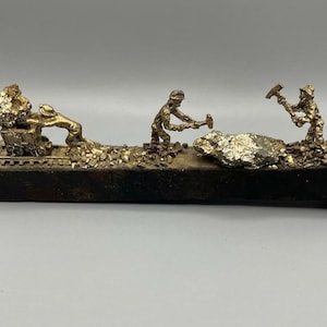 Vintage Railroad Spike Art Set – Pewter Steam Train, Miners, Pyrite Ore – Industrial Mining Decor