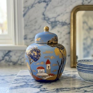 May include: A light blue ceramic ginger jar with a matching lid featuring a gold knob. The jar is decorated with a hand-painted landscape scene including stylized trees, buildings with red roofs, and gold clouds against a soft blue background.