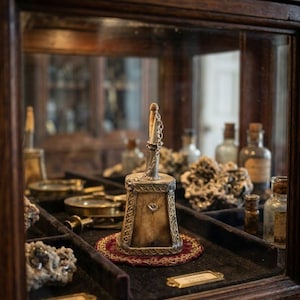 May include: A small, square-based object with a tapered top and a silver-toned metal chain, resting on a circular red and gold fabric mat inside a wooden display case. The object features intricate metal trim along its edges and a central emblem.