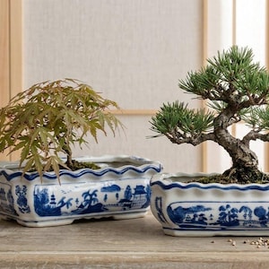 Pair of Vintage Blue and White Porcelain Planters - Rectangular Basins - Traditional Landscape and Pavilion Scenes, Chinoiserie Bonsai Pots