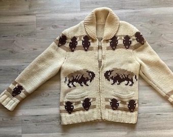 Cardigan vintage lavorato a mano in stile Cowichan Buffalo – Taglia L da uomo