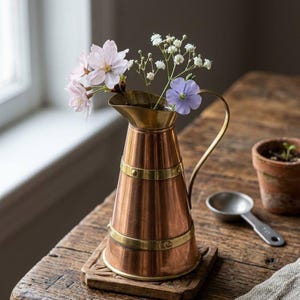 May include: A copper pitcher with a brass handle and two brass bands around the body. The pitcher contains a small bouquet of light pink cherry blossoms, white baby's breath, and a single light blue flower, resting on a square wooden base.