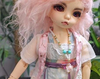 Clothes FULLSET: BJD Light Blue Floral and Lace Ming Dynasty Inspired Modern Hanfu for standard TINY YoSD size Doll comes with Doll wig