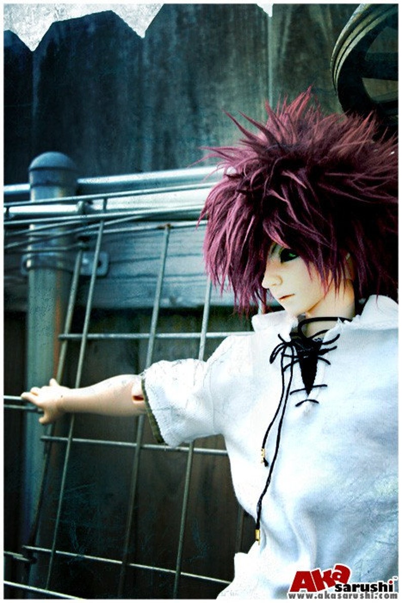 May include: A doll with long, spiky, purple hair wearing a white shirt with a black lace-up neckline. The doll is holding onto a metal fence.