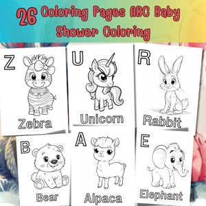 26 Pages ABC Baby Shower Coloring Book, Baby's First ABC Book,Adorable Alphabet Animal Coloring Pages ,Baby Shower Game Or Activity, PDF